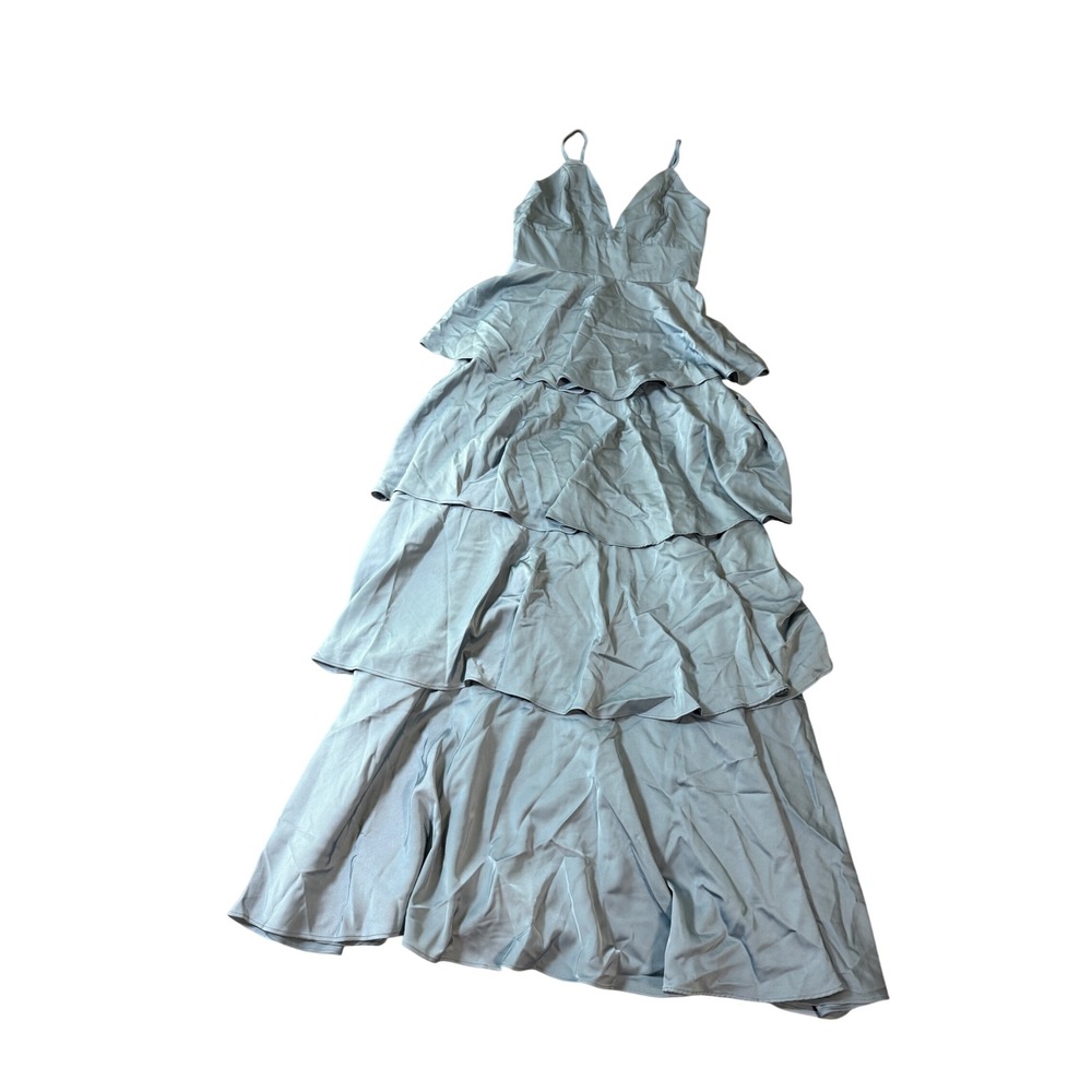 NWT Lulus Going with Elegance Slate Blue Satin Tiered Gown Size Small Formal - Picture 4 of 11
